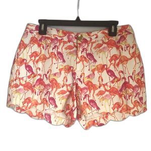Pappagallo Shorts Women's Size 6 Orange Tropical Flamingo Print Scalloped Hem